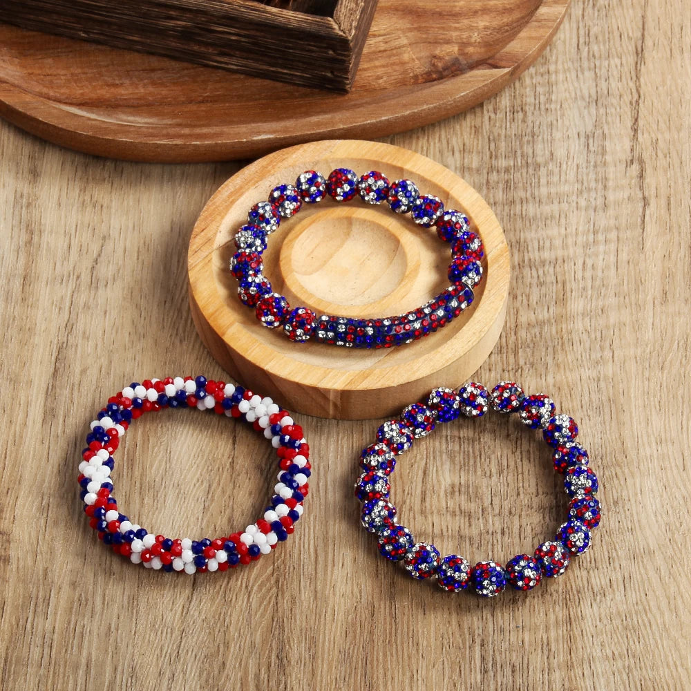 New American Independence Day 3pcs Stack Bracelet Set 10mm Red White Blue Mixed Rhinestone Ball Glass Beaded Elastic Bracelet