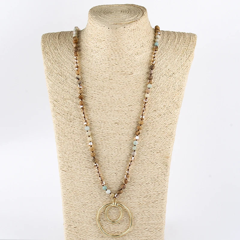 Fashion Bohemian Jewelry Accessory 6mm Stones/Crystal Knotted With Metal Round Pendant Necklaces Women Boho Gift
