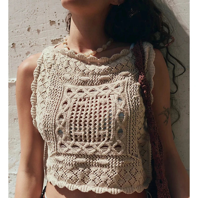 Combhasaki Women Summer Y2K Square Shaped Knitted Crop Tank Tops Irregular Hem Hollow Out See-through Pullover Sweater Vest