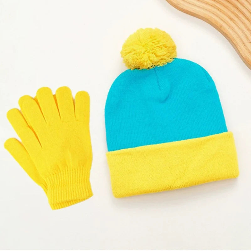 2pc Halloween Cosplay Funny Beanie Hat and Gloves, Character Park Knit Hat Winter Christmas Costume Accessories