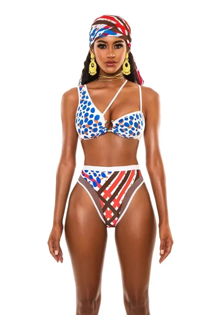 Sexy Bikini Women High Waist Totem Print Hollow Swimwear Swimsuit Female Beach Bikinis Set Bathing Suit Banadores Mujer 2024 New