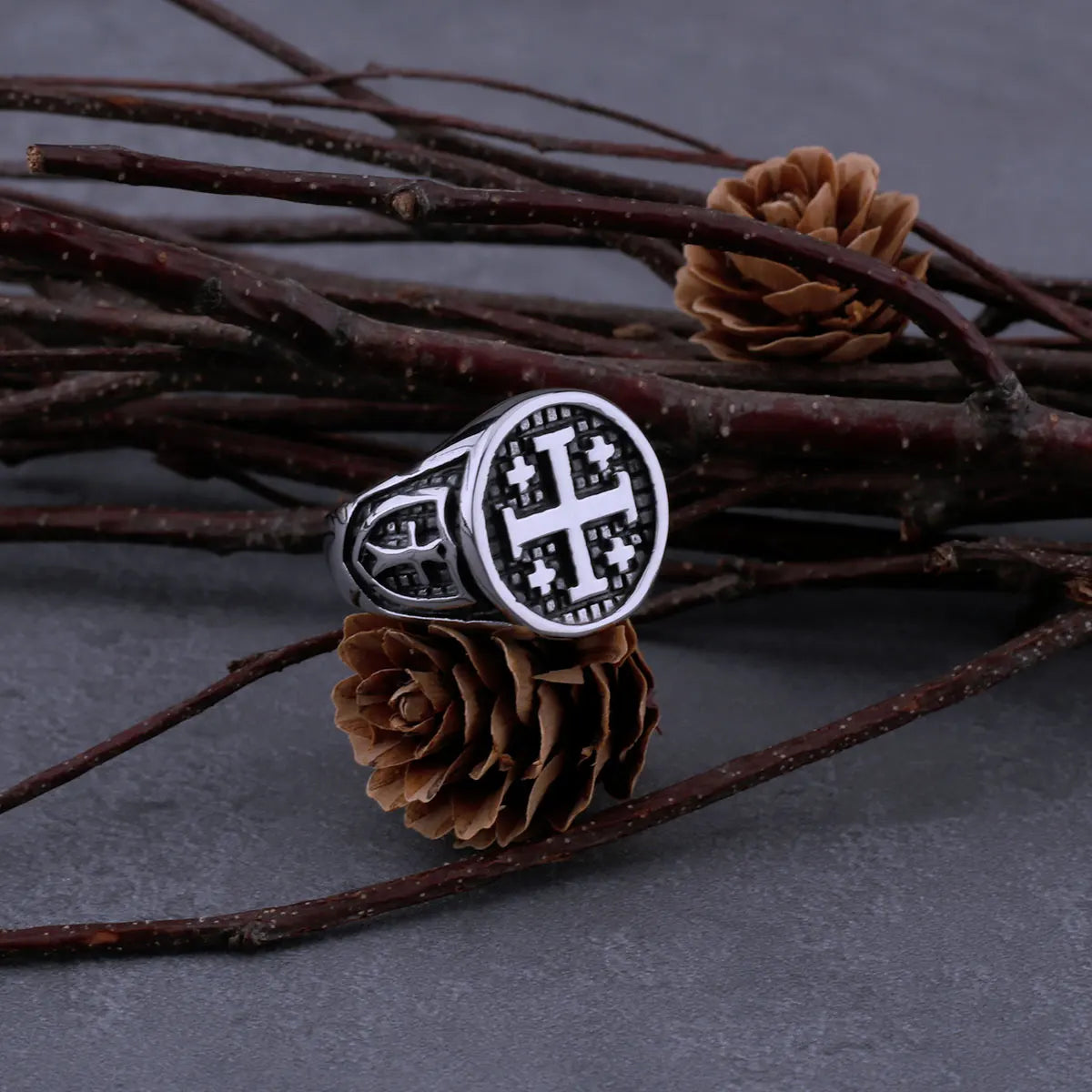 316L Stainless Steel Vintage Religious Jerusalem Cross Rings Men's Fashion Hip Hop Biker Rings Religious Jewelry Wooden Box