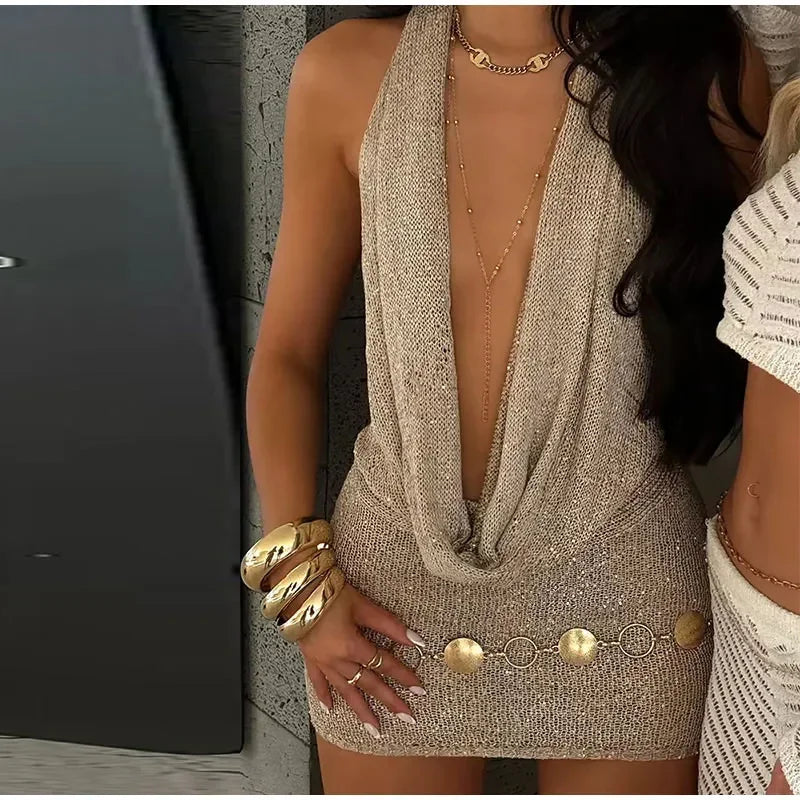 Sexy Sequin Halter Short Dress Women Backless Sleeveless Hip Package Party Dresses Female 2025 Summer Chic Night Club Robe Lady