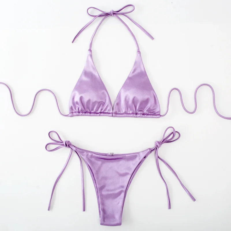 Metallic Halter Triangle Bikini 2023 Swimsuit Women Swimwear Female Bathing Suits Brazilian Thong Micro Bikinis Set Beach Wear