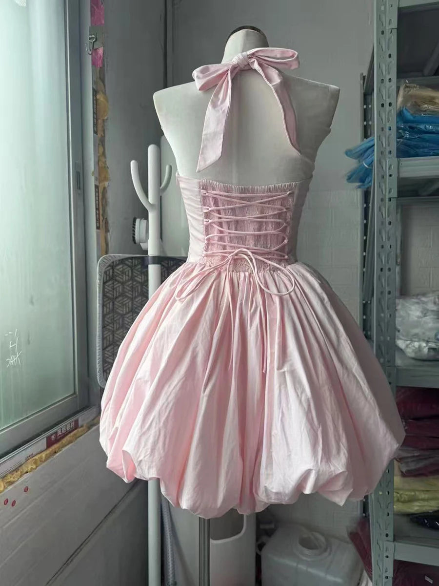 VGH Sexy Temperament Tunic Ball Gown for Women Halter Sleeveless Patchwork Lace Up Short Prom Dresses Female Clothing Fashion