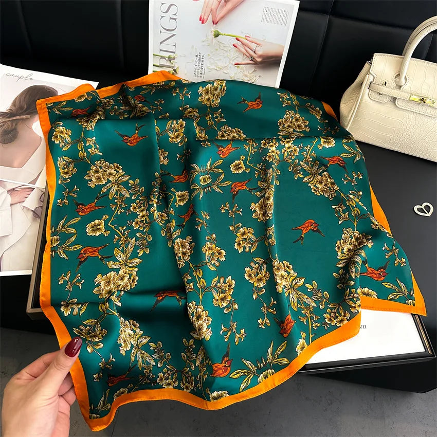Imitated Silk Headcloth Fashion Flower Print Square Shawls Popular 70X70cm Bandanna Kerchief Sun Protection Silk Scarves Tie Bag