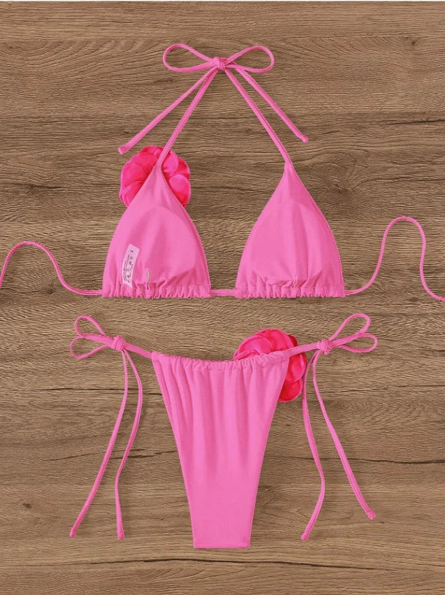 Sexy Bikini Set Women Swimsuit 2024 Black White 3D Floral Print Micro Bikinis Brazilian Cutout Beach Bathing Suit Thong Swimwear