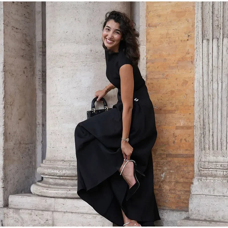 Vintage Brown Long Dress Women's Elegant Loose Diagonal Neck Black Metal Buckle Maxi Dresses Female 2025 Summer Evening Party