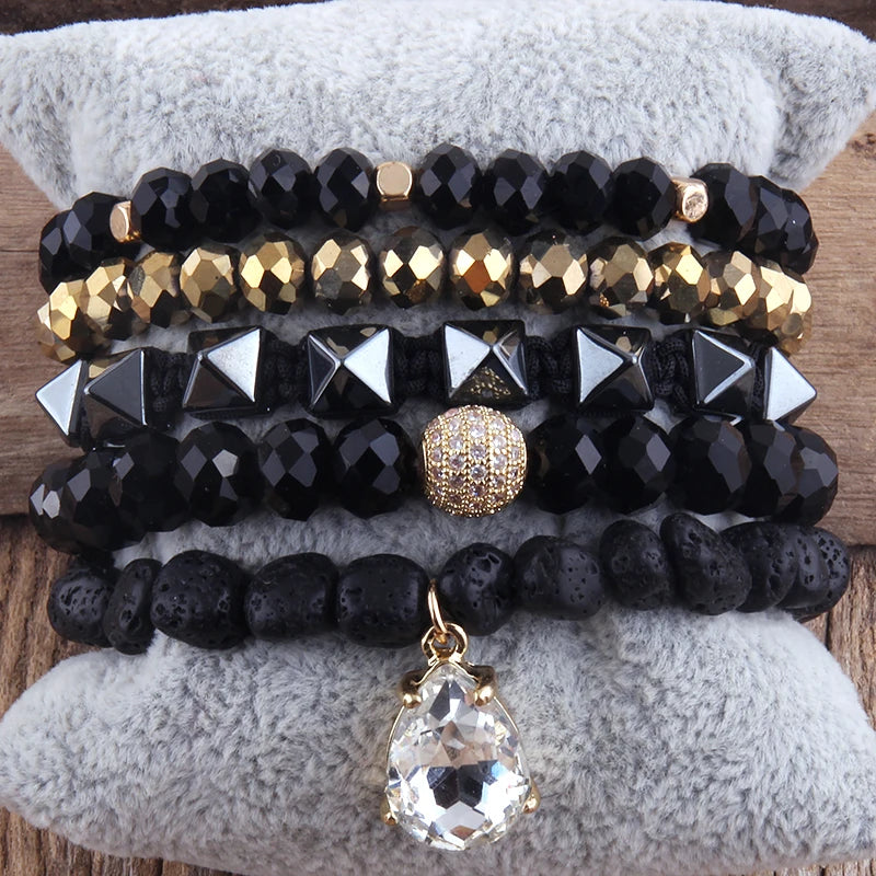 Fashion Beaded Boho Bracelet 5pc Green Natural Stone /Glass Stack Bracelet Sets For Women Boho Jewelry Gift
