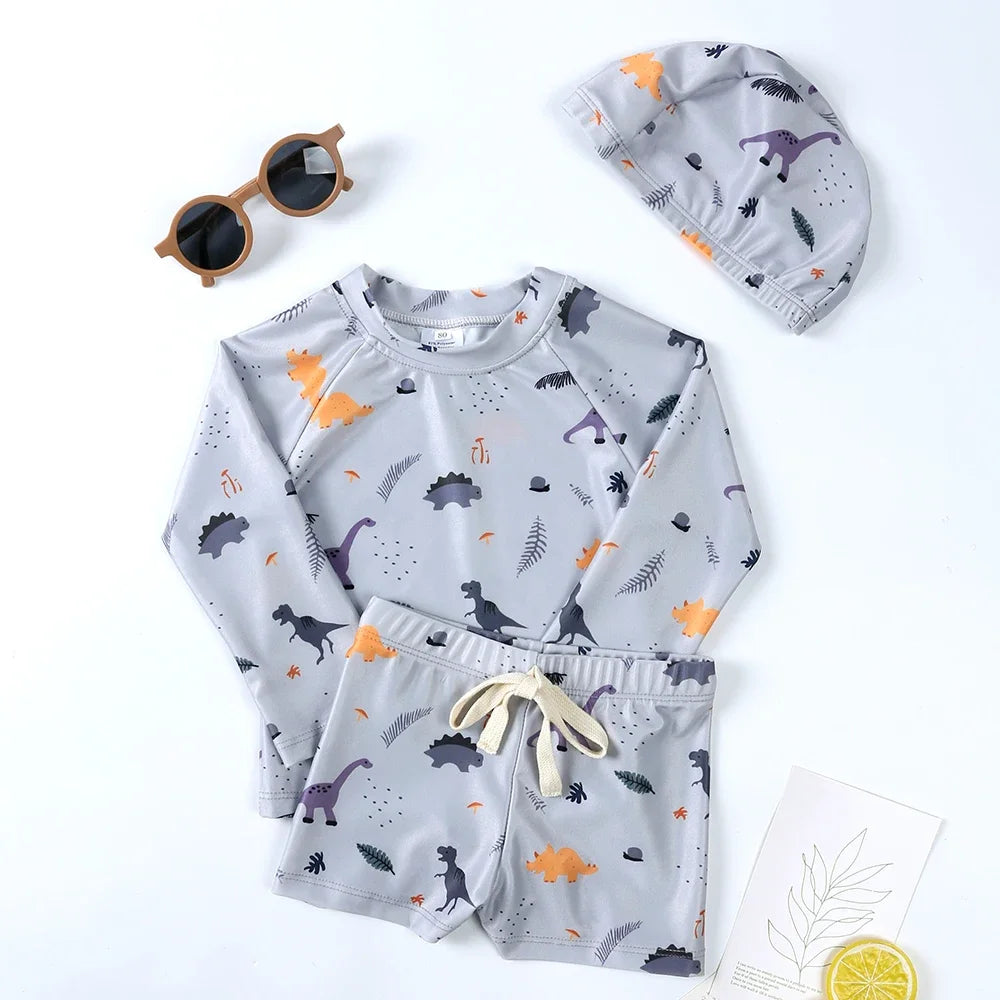 2025 Summer Kids Boy Swimsuits Sun Protection Vacation Beach Pants Long sleeve Tops with Hat Children Surfing Swim Suit 1-7T