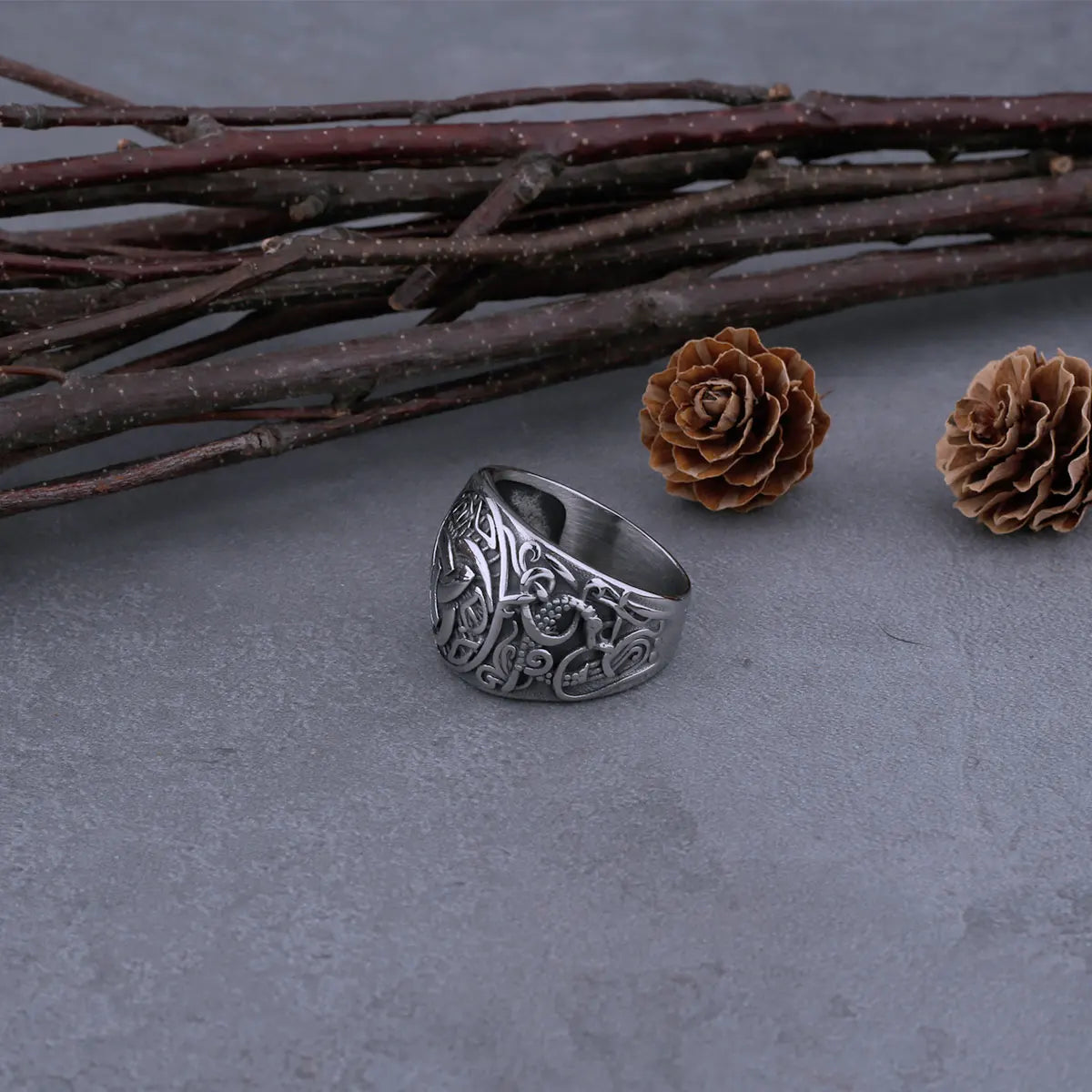 Viking Odin Warrior Rune Valknut Stainless Steel Ring Men's Creative Charm Locomotive Boyfriend Ring with Valknut Wooden Box