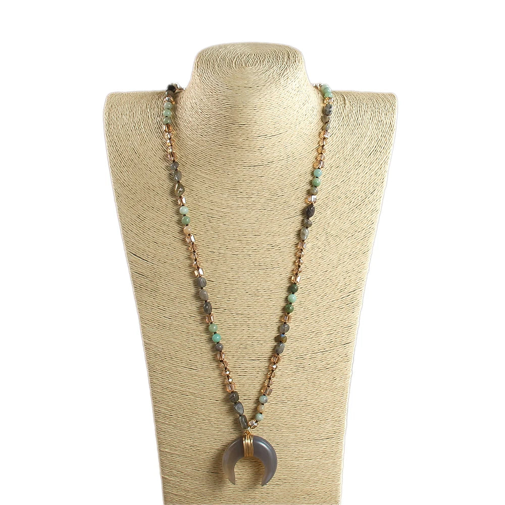 New Natural Crystal Aventurine Jade Agate Bull Horn Pendant 6mm Natural Stone Glass Knot Necklace Sweater Chain Women's Gift