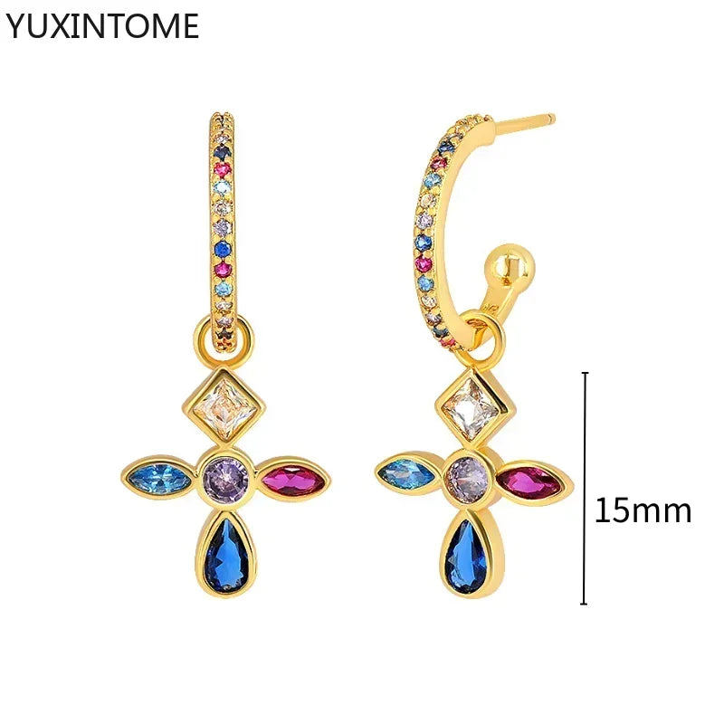 Colorful Crystal Earrings 925 Sterling Silver Ear Needle Stud Earrings for Women Cross Dangle Earrings Party Wedding Jewelry