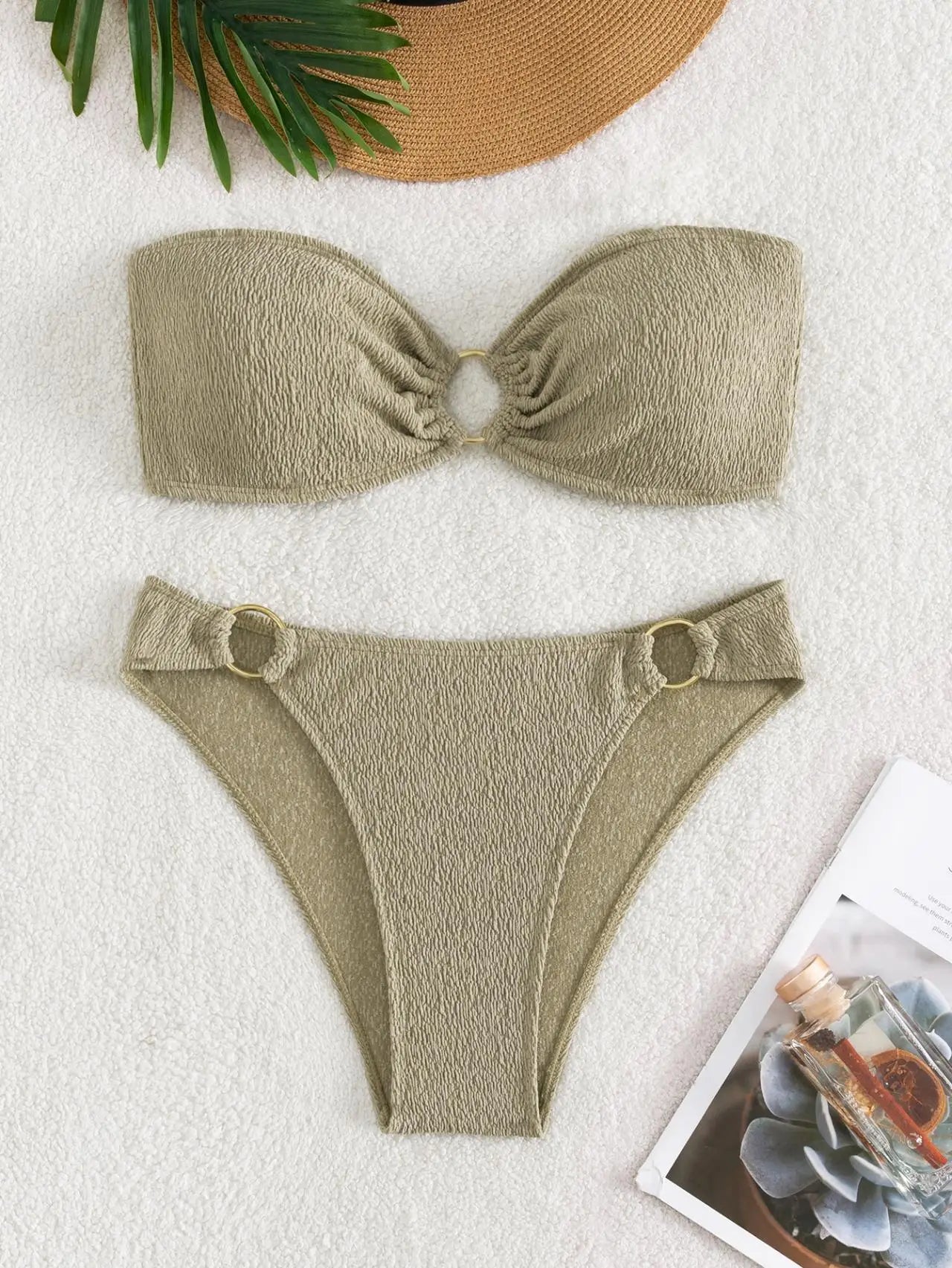 Sexy Bandeau Bikinis Sets Women Metal Ring Linked Push Up Micro Swimsuit 2025 Solid Bathing Suit Thong Swimwear Trajes De Baño