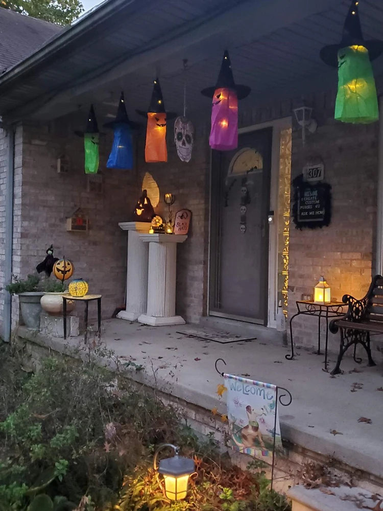 Halloween Courtyard Decorations LED Flashing Wizard Hat Lights Hanging Ghost Halloween Party Decorations Home Bars Horror Props