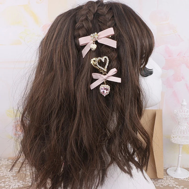 Jfashion Girl Lolita Hair Accessories Bow Loria Headdress Lace Bow Rhinestone Hair Clips Jirai Kei Vintage Doll-like Handmade