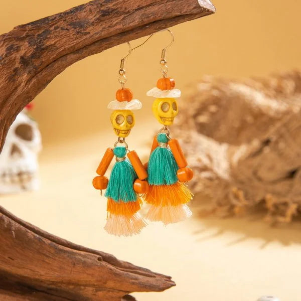 Halloween Skeleton Bride Skull Tassel Ear Dangle Earrings for Women Gothic Skull Drop Earrings Festival Party Jewelry Gift