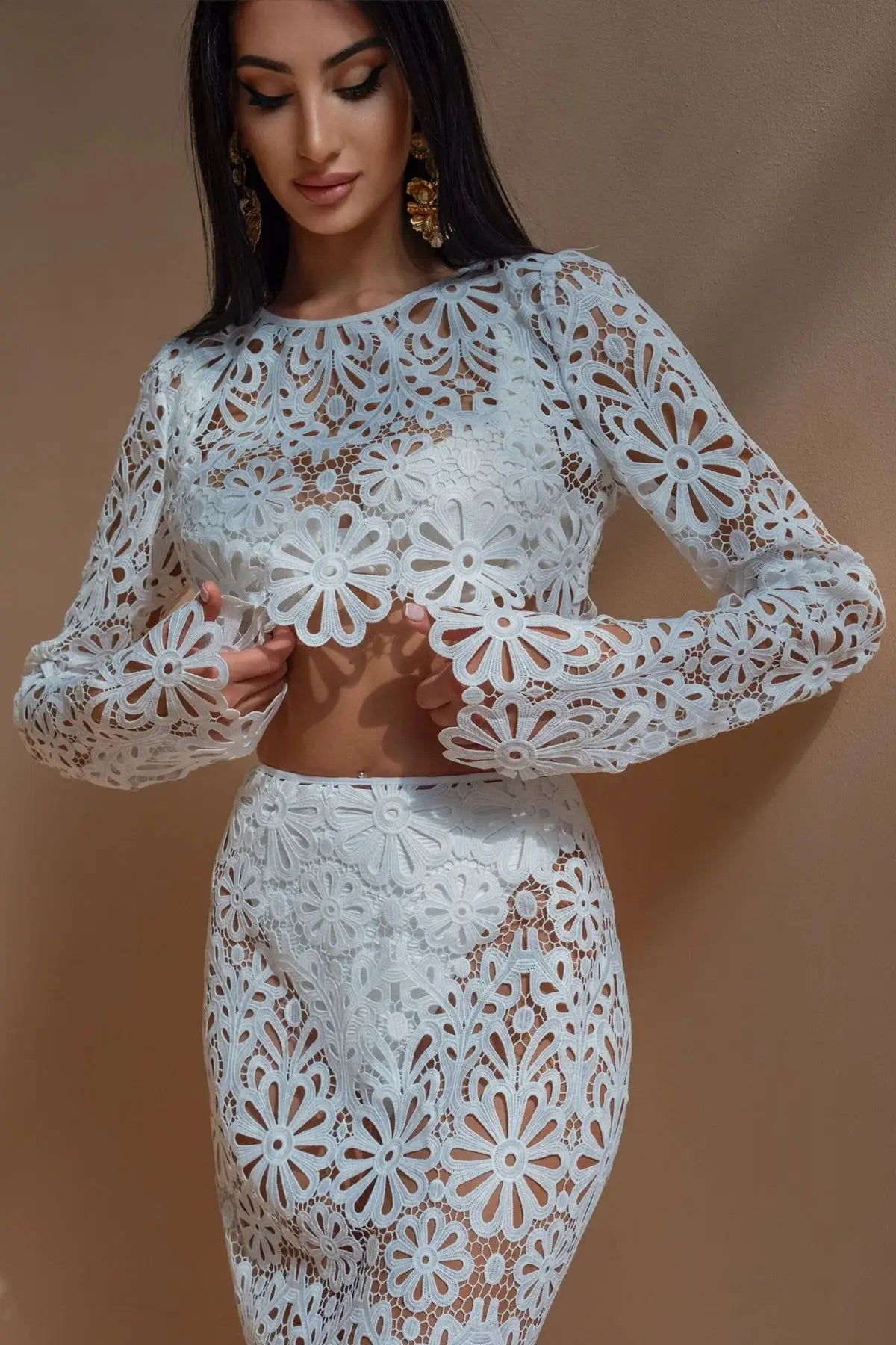 White Elegant Embroidery Hollow Out Beach Dresses Set Sexy See Though Crop Tops Long Skirts Women Sets Summer Women Outfits