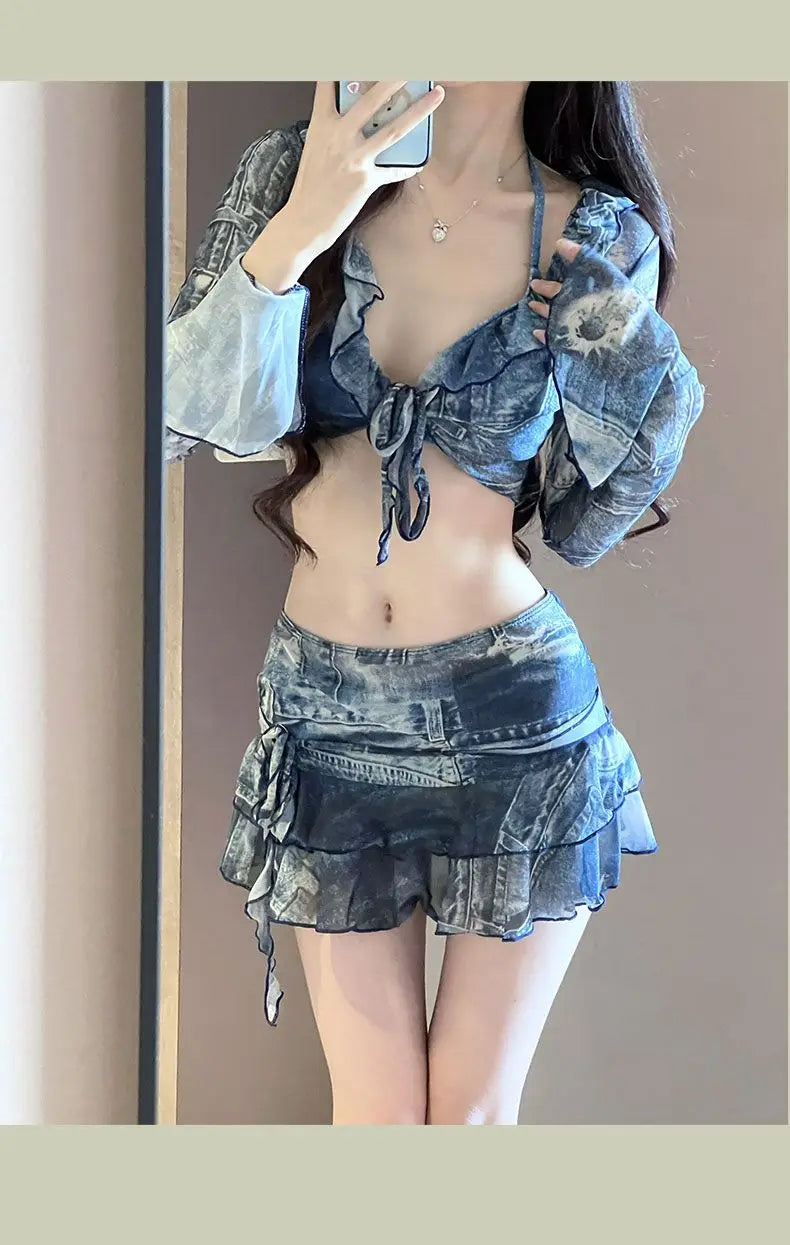 Bikini Swimsuit Lady Denim Blue Four Piece Set Sexy Fashion Vacation Sand Auricularia Auricula Edge Slim A-line Skirt Swimwear