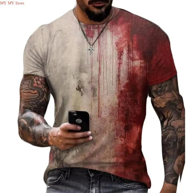 Men's Short Sleeve T-Shirt Digital Printed Design Problem Solved Letter Bloody Pattern Halloween Party Costume
