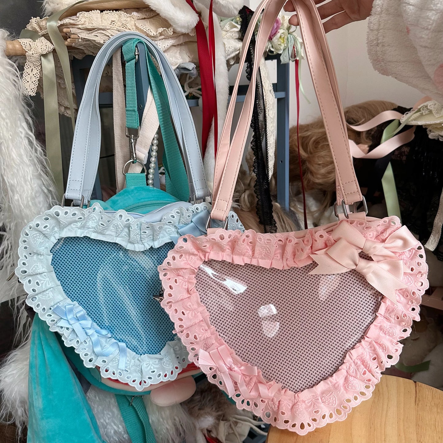 Lolita Handmade Love Heart Lace Flower Cute Shoulder Bag Sweet Girl Students Bow Tote Handbags