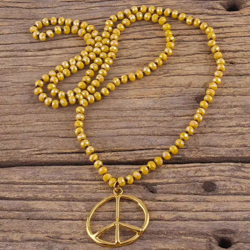 Fashion Boho Jewelry Accessory 6mm Glass Knotted With Metal Peace Pendant Necklaces For Women Femme Bohemia Necklace Gift