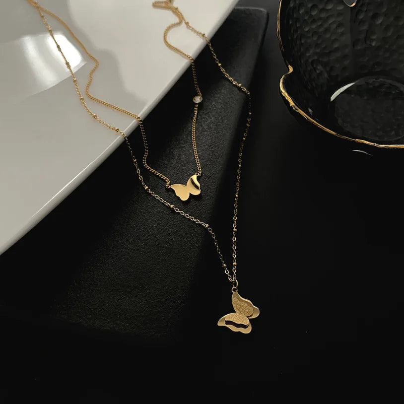316L Stainless Steel New Fashion Upscale Jewelry 2 Layer Zircon Butterfly Charms Beaded Chain Choker Necklaces Pendant For Women