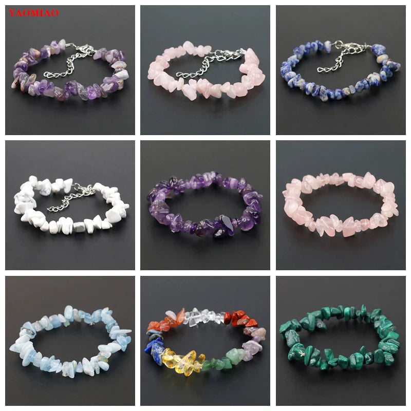 Natural Crystal Gemstone Irregular Energy Stone Bracelet Beads Chips Jewelry Amethys Aquamarine Rose Quartz Bracelets for Women