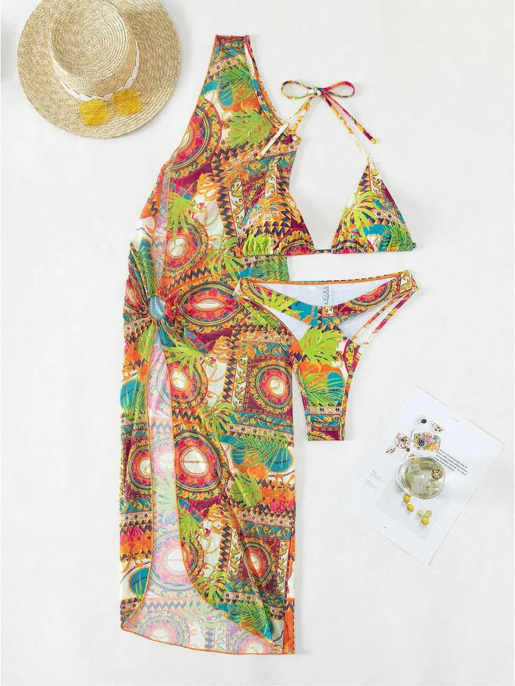 Cikini-One Shoulder Mesh Beach Skirt for Women, Sexy Bikinis Set, Summer Swimsuit, Bathing Suit, Three Piece