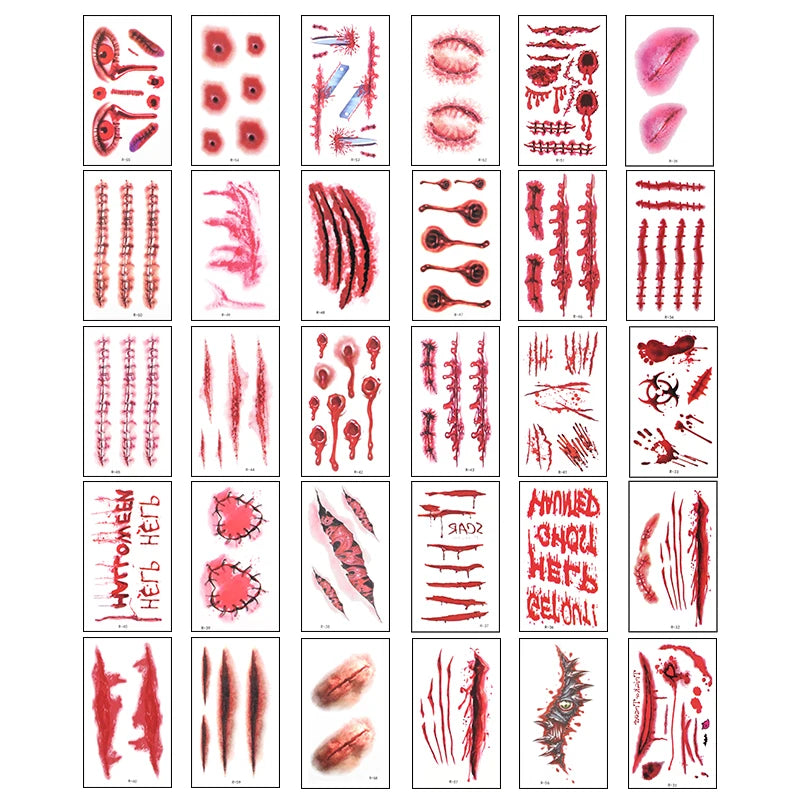 30Sheets Halloween Bloody Wound Tattoo Stickers Scary Waterproof Temporary Tattoos Halloween Party Decoration Adult Kids Gift