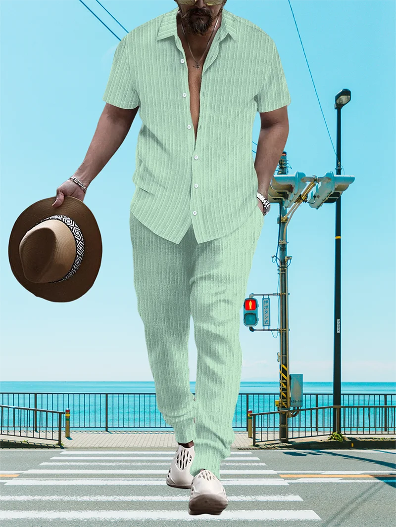 Ultra-thin Ultra-light Summer Men's Shirt Casual Loose Short Sleeve + Trousers Beach Suit Surf Casual Solid Color Lapel Suit
