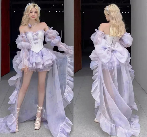 High Street Women's Mint Green Strapless Bowknot Sweet Fairy Organza Dress 2024 New Elegant Big Bow Trailing Party Wedding Dress