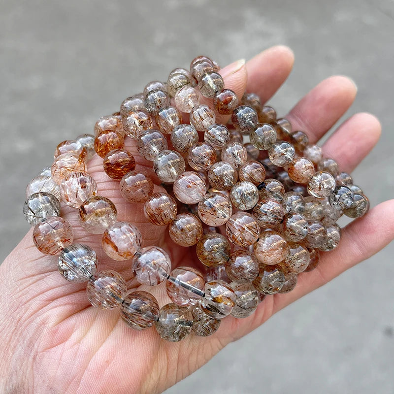 Natural Black Golden Super Seven Quartz Crystal Bead Bracelets Women Fashion Reiki Healing Energy Gemstone Bangles Wrist Jewelry