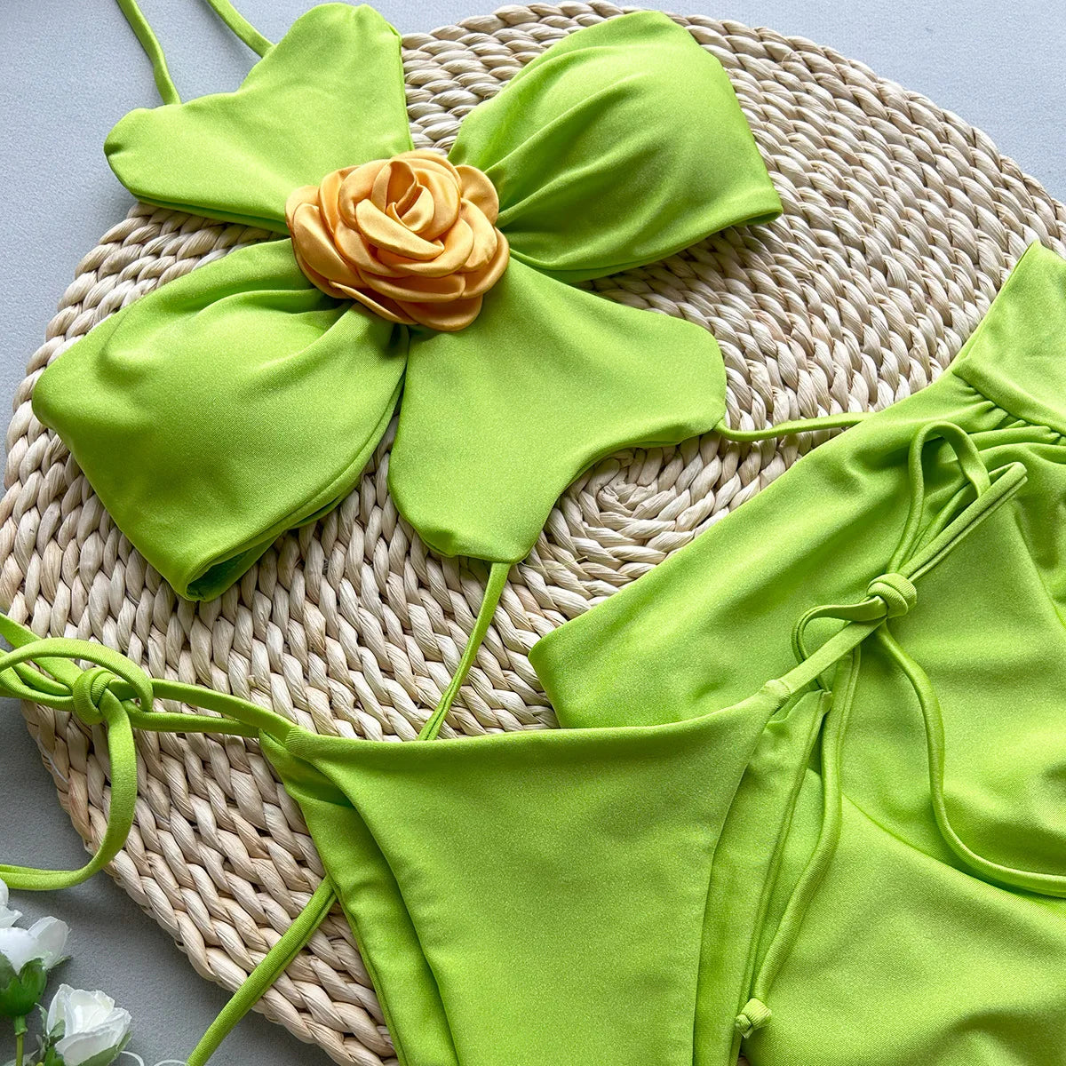 Sexy Green 3D Floral Bikinis Sets Women Halter Push Up Pleate Skirt 3 Piece Swimsuit 2025 Beach Bathing Suit Thong Swimwear