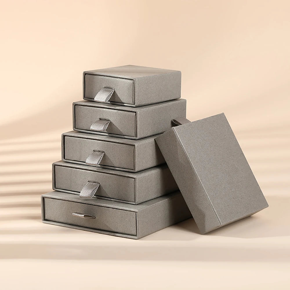 10 Bulk Luxury Hard Rigid Cardboard Sliding Jewellery Gift Box Beige Paper Drawer Jewelry Ring Stud Earring Packaging Boxes Case
