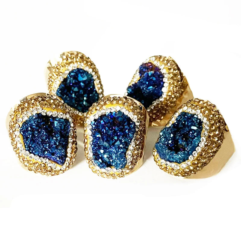 Irregular Druzy Quartz Stone Open Ring for Women Gilrs Micro Inlay Yellow Rhinestone Gold Plated Boho Finger Jewelry Resizable