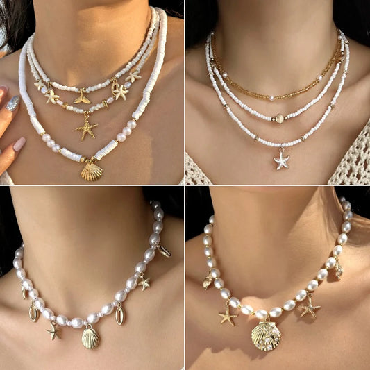 Boho Shell Turquoise Multi-layer Starfish Beaded Necklace for Women Beach Holiday Jewelry Minimalist Accessories