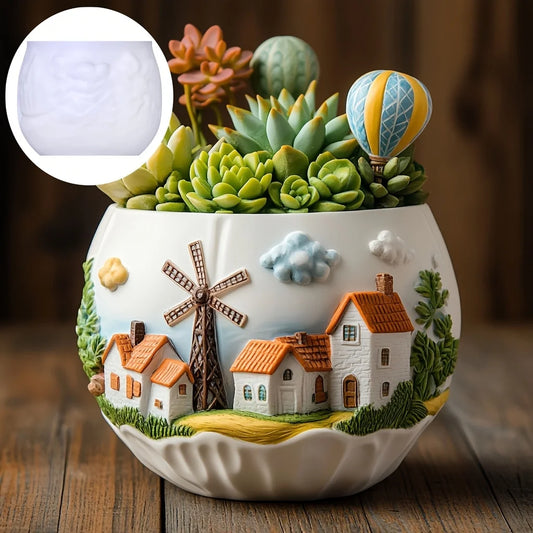 Windmill Town Succulent Plant Pot Silicone Mold  Windmill Town House Relief  Flower Pot Resin Mold Dream house storage box molds