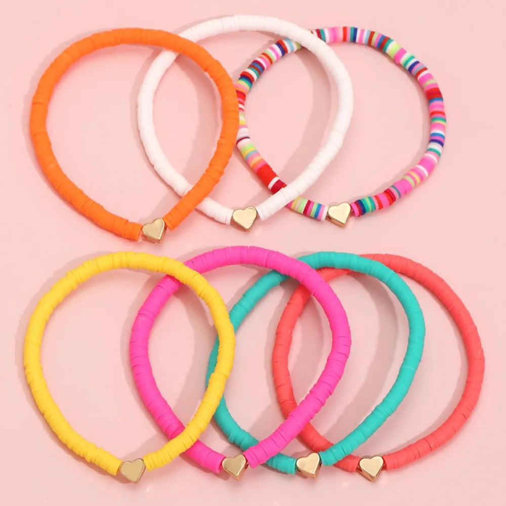 Fashion Rainbow Stackable Bracelets Set For Women Heart Charm Soft Clay Pottery Layering Beads Chain Bangle Female Boho Jewelry