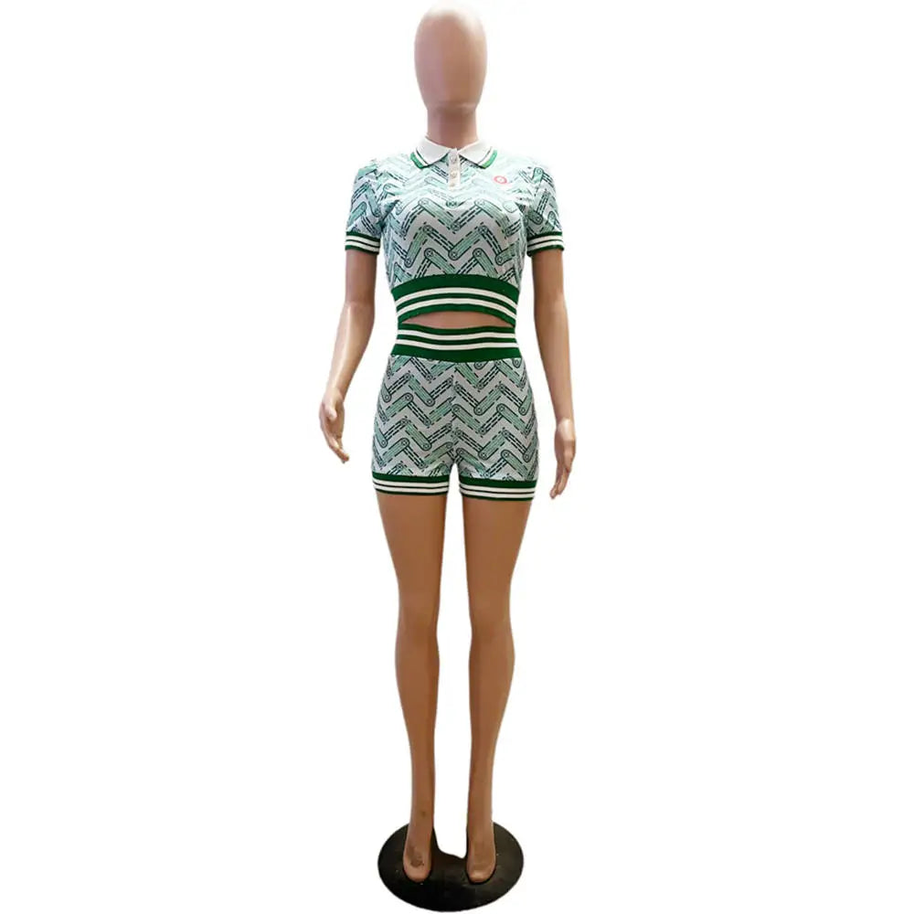 HLJ Blue Summer Printing Shorts Two Piece Sets Women Polo Nack Crop Top And Shorts Outfits Fashion Y2K Matching 2pcs Streetwear