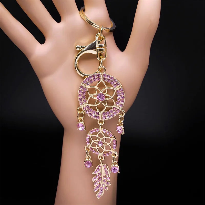 Aesthetic Dream Catcher Key Chain for Women Men Rhinestone Metal Gold Color Y2K Girl Dreamcatcher Keyring Jewelry K9017S02