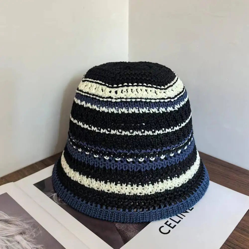 Summer Hollow Knitted Hollow Fisherman Caps Sun Protection Straw Bucket Hat Breathable Crochet Beach Cap Wide Brim Sun Hat