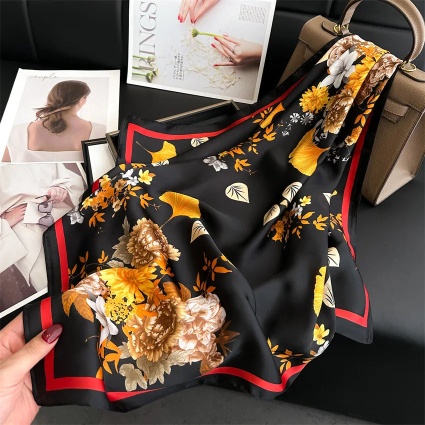 Imitated Silk Headcloth Fashion Flower Print Square Shawls Popular 70X70cm Bandanna Kerchief Sun Protection Silk Scarves Tie Bag