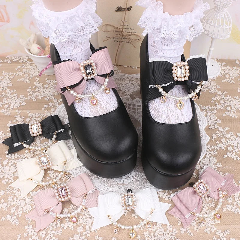 Jirai Kei Style Mine Lace Splicing Bow Shoes Accessories Lolita Beaded Heart Rhinestone Bow Shoe Clip Mary Janes Buckle