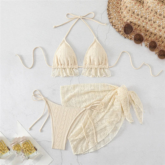 Halter String Triangle 3 Piece Bikini Set Beige Lace Mesh Sexy Swimsuit Women 2025 Cover Up Swimwear Bathing Suit Bikinis Dames