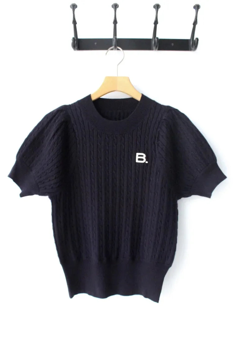 Japanese New Spring Ladies Sweet Bubble Short Sleeve Twist Knitted Top Sweater Letter Embroidered Pure Color Women's T-shirt