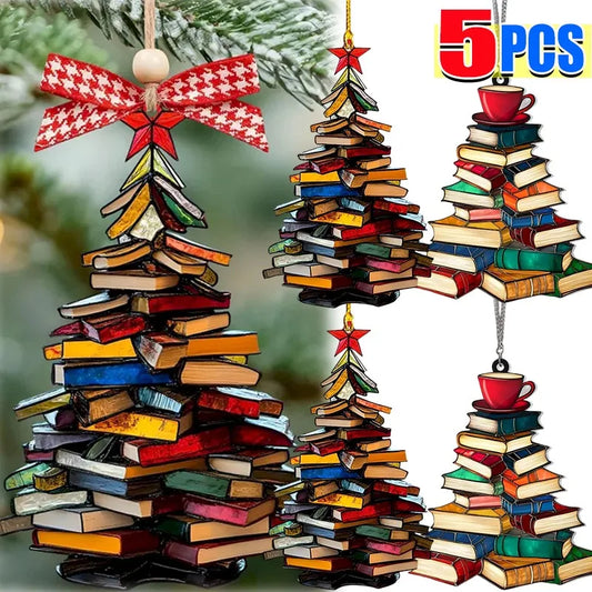Acrylic Stacked Book Christmas Tree Ornament Clear Book Lover Hanging Decoration Christmas Gift Pendant for Home Office Bookcase