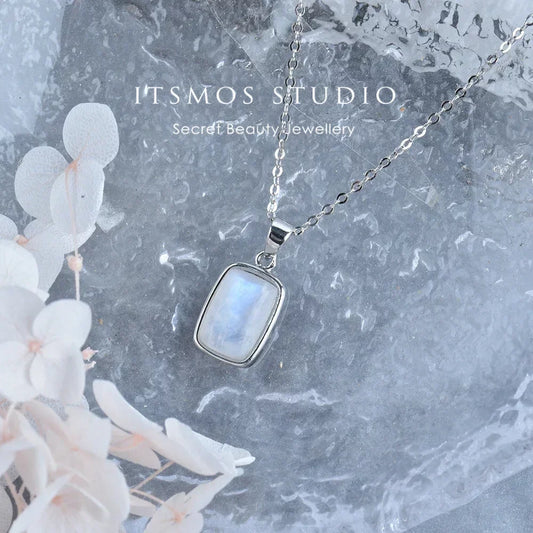 ITSMOS Natural Rainbow Moonstone Sterling Silver/Copper Pendant Necklace rectangle Energy Stone Jewelry for Women Girl Gift