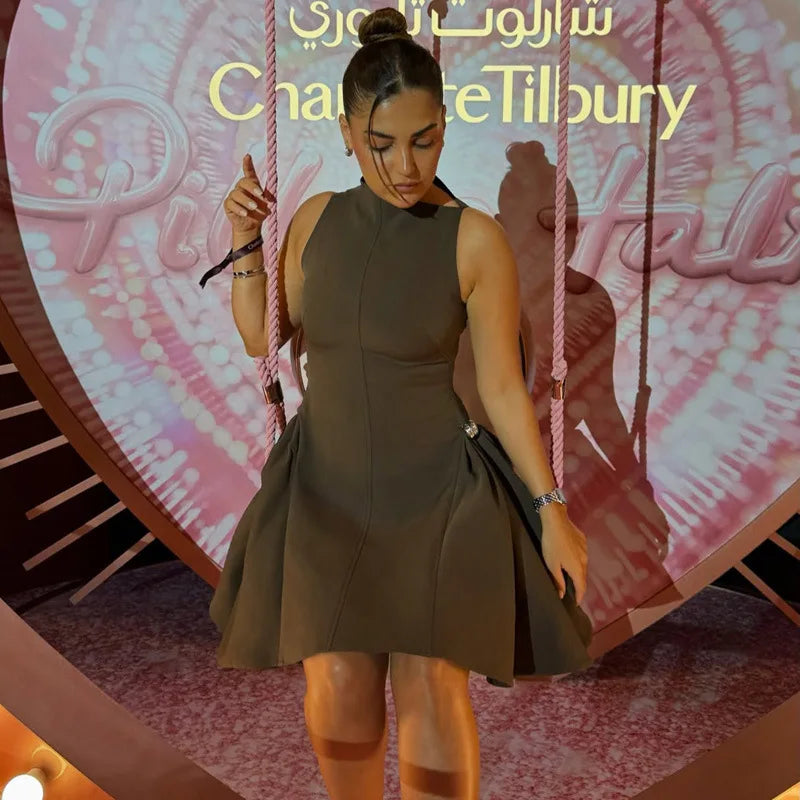 Vintage Brown Long Dress Women's Elegant Loose Diagonal Neck Black Metal Buckle Maxi Dresses Female 2025 Summer Evening Party