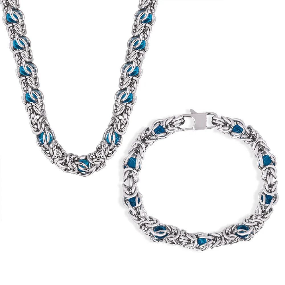 Men's Biker Punk Hip Hop Rock Jewelry Accessories Stainless Steel Byzantine Chain Braided Chain Necklace Bracelet Set